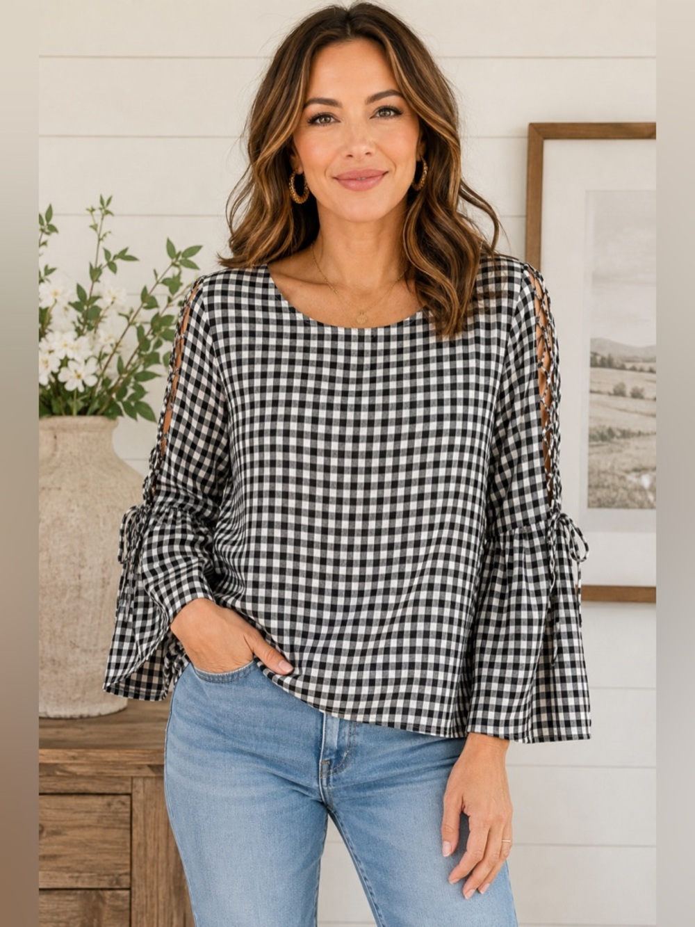 Madewell Size M Black & White Gingham Lace-Up Sleeve Cottagecore Top
